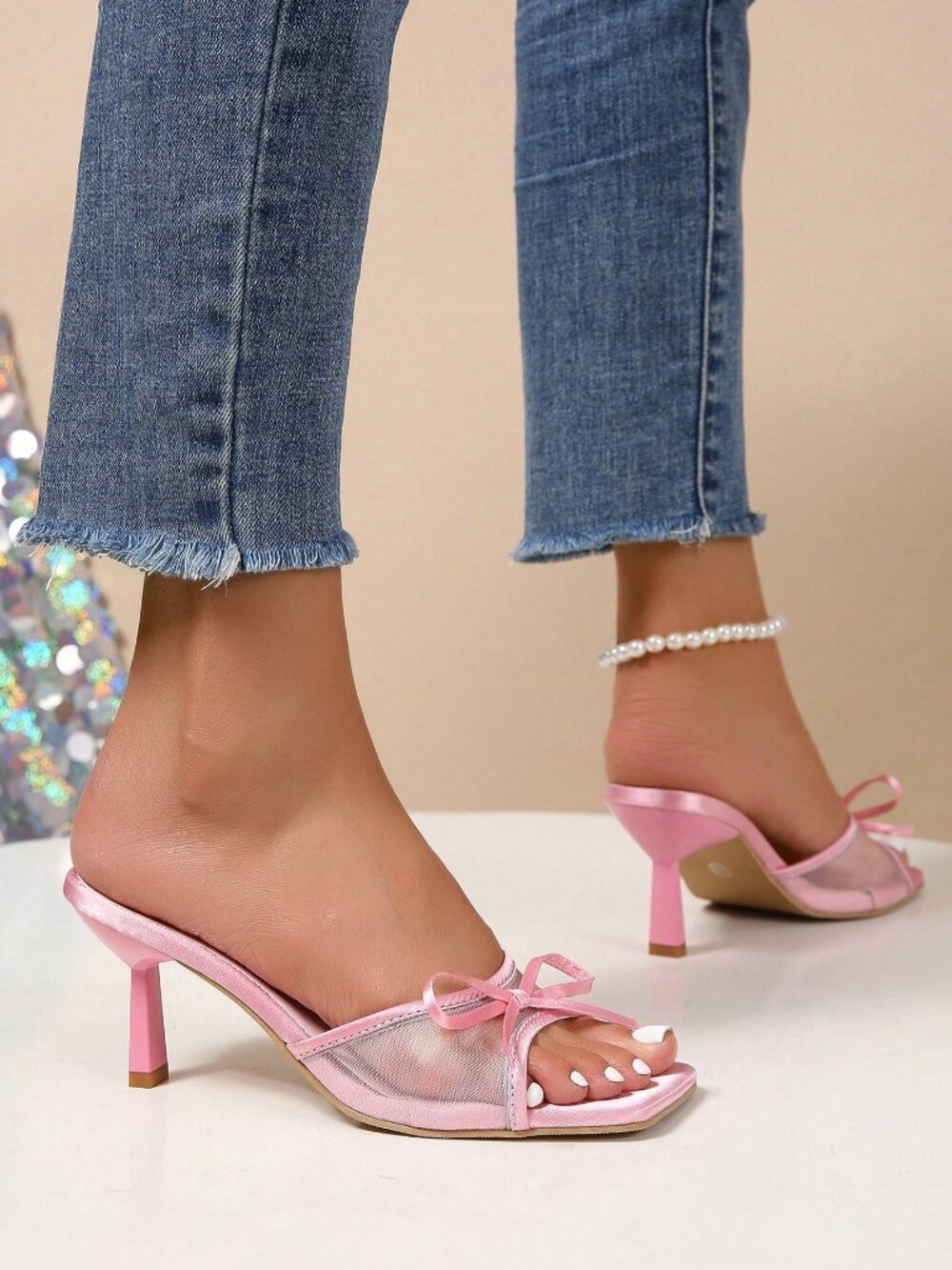Pink Mesh Breathable Open Toe Stiletto Women's High Heel Sandals - Picture 5 of 8